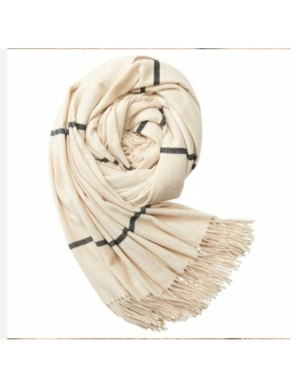 Blanket scarf by Love & Lore. Cream colour with black highlights.